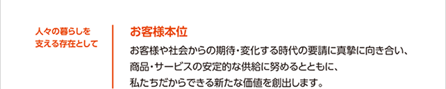 人々の暮らしを支える存在として大切にしたい価値観　お客様本位　お客様や社会からの期待・変化する時代の要請に真摯に向き合い、商品・サービスの安定的な供給に努めるとともに、私たちだからできる新たな価値を創出します。